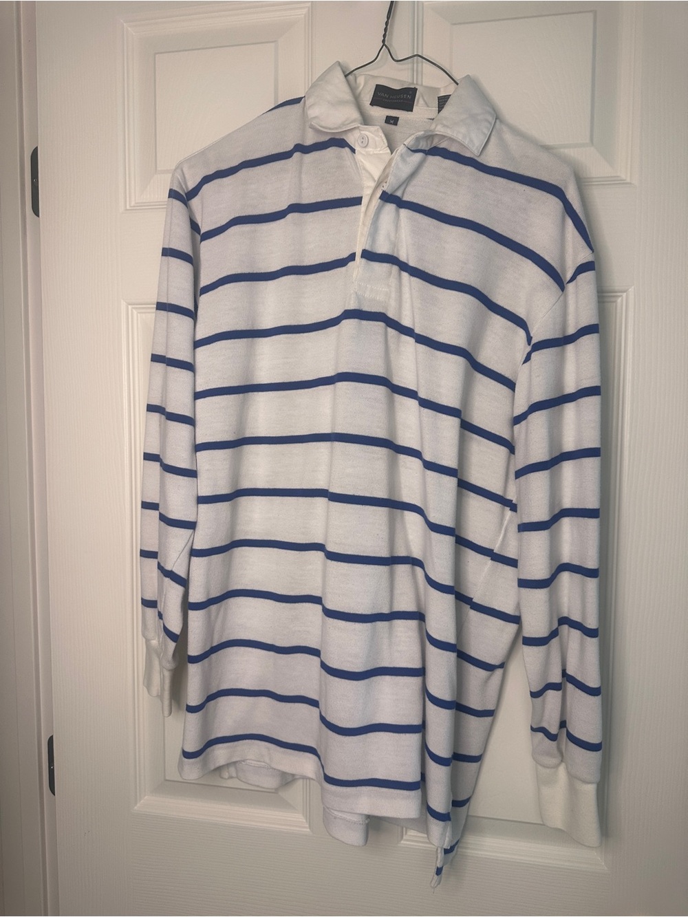 Van Heusen White and Blue Striped Long Sleeve Polo Shirt